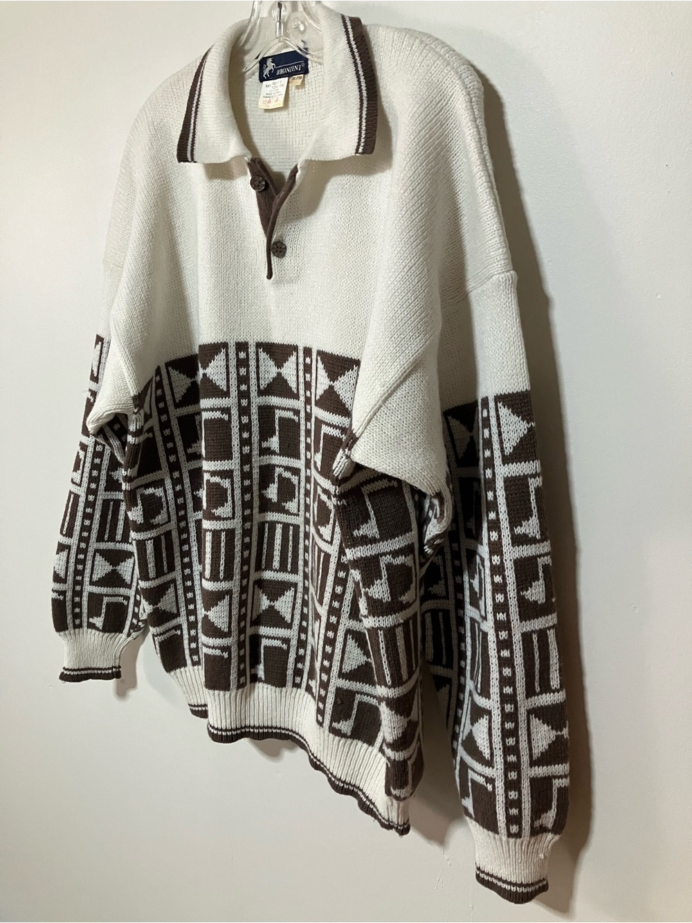 Vintage Bronzini Geometric Knit Polo Sweater Cream Brown Long Sleeve 90s Size XL